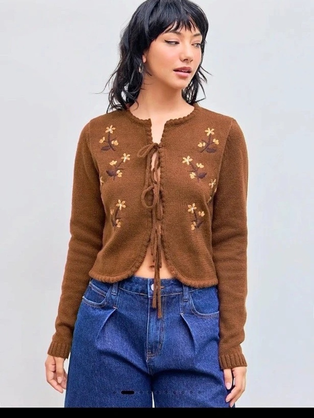 CIDER Floral Embroidery Knotted Cardigan Brown XL - Picture 1 of 10